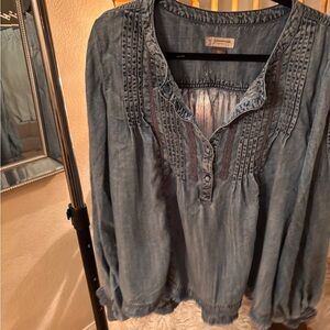 Anthropologie Blue Blouse with Pintuck Details